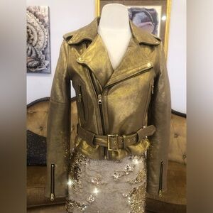 Rebecca Minkoff Antique Gold lamb skin metallic moto jacket beautiful xs